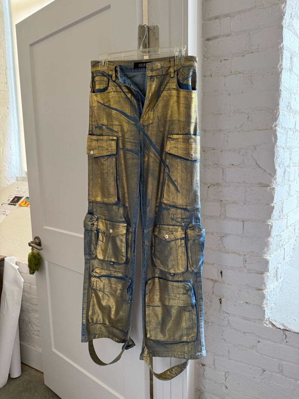 AKIRA Gold Metallic Cargo Jeans with Blue Accents